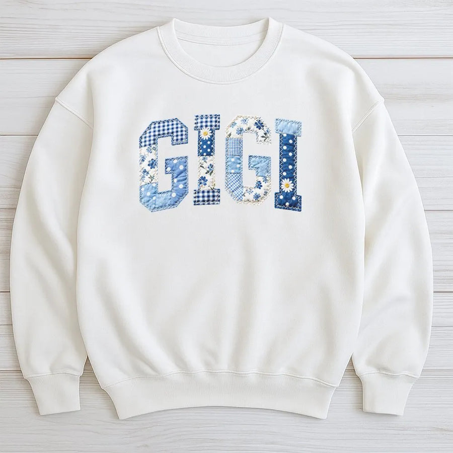 Gigi Sweatshirt | Blue Patchwork Faux Appliqué Letters | Soft Cotton Tee | Mothers Day Gift for New Grandma