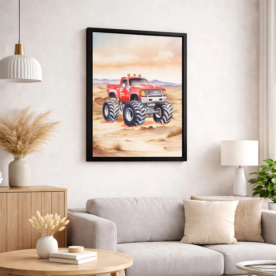 Monster Truck Canvas Wall Art | Red Off-Road Desert Painting | Premium Gallery Wrap Decor | Kids Bedroom Gift for Boys