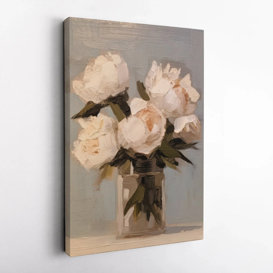 White Peony Flower Canvas Art | Impressionist Floral Still Life Painting | Premium 1.25" Gallery Wrap | Modern Home Office Wall Decor Gift