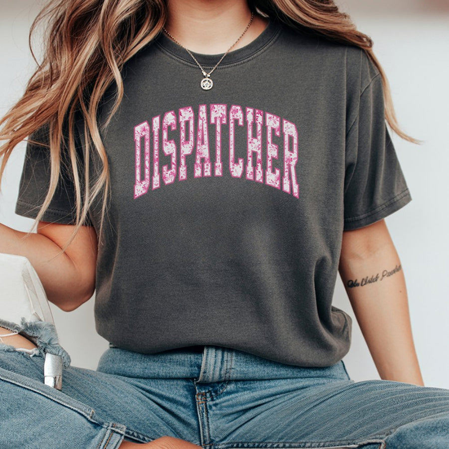 Dispatcher T-Shirt | Floral Varsity Lettering Graphic | Premium Soft Cotton | First Responder Gift for 911 Operators and Emergency Dispatchers
