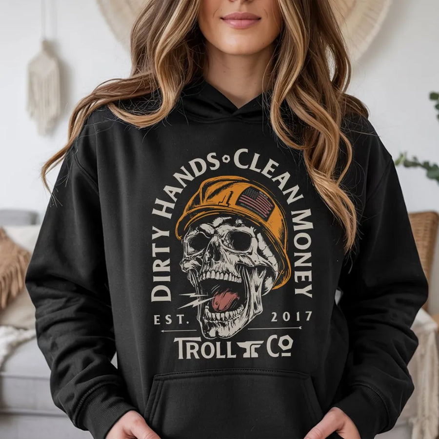 Dirty Hands Clean Money Hoodie | Blue Collar Skull Hard Hat Graphic | Soft Cotton-Polyester Blend | Construction Worker Gift