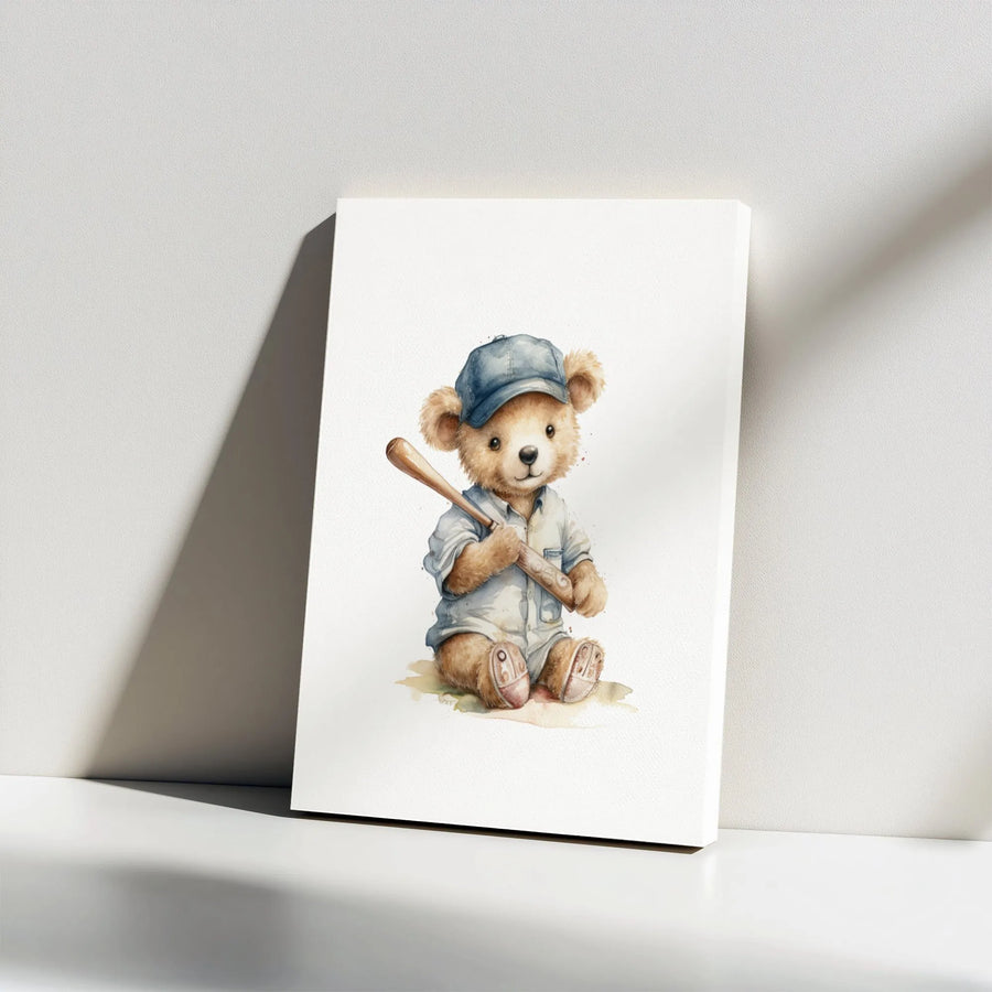 Watercolor Baseball Teddy Bear Canvas Art | Cute Sports Nursery Wall Decor | Premium 1.25" Gallery Wrap | Perfect Gift for Baseball Fans