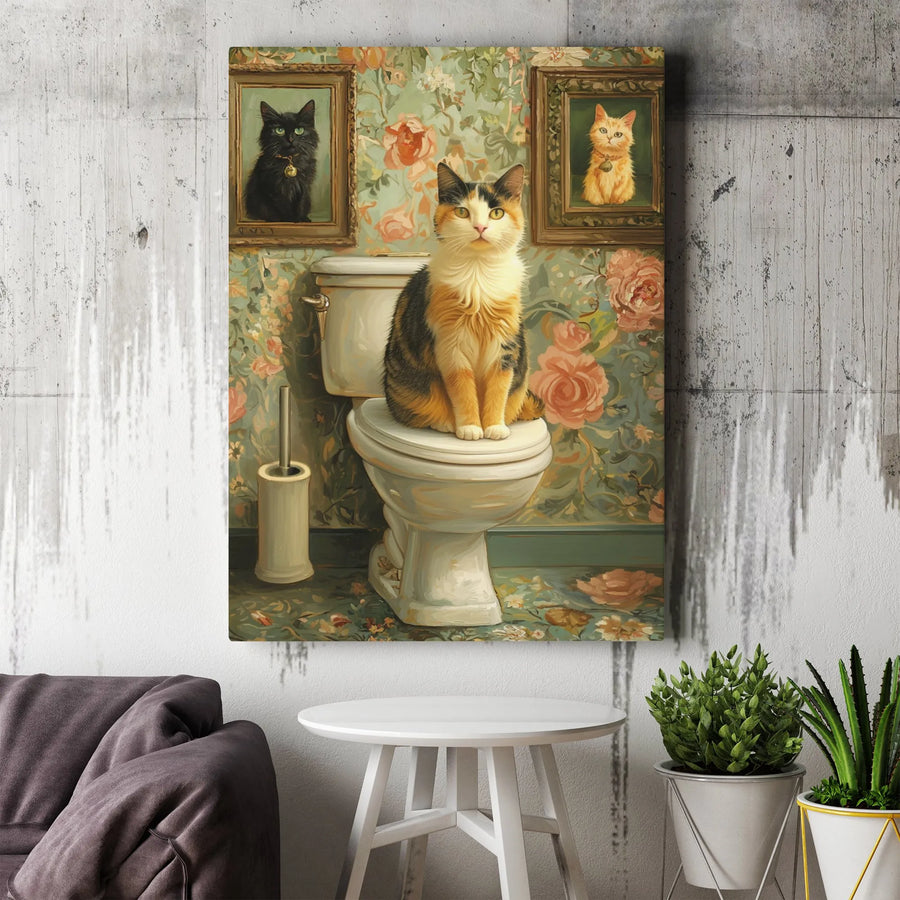 Calico Cat Bathroom Wall Art | Funny Toilet Cat Portrait Canvas | Premium Fade-Resistant Home Decor | Whimsical Pet Lover Gift