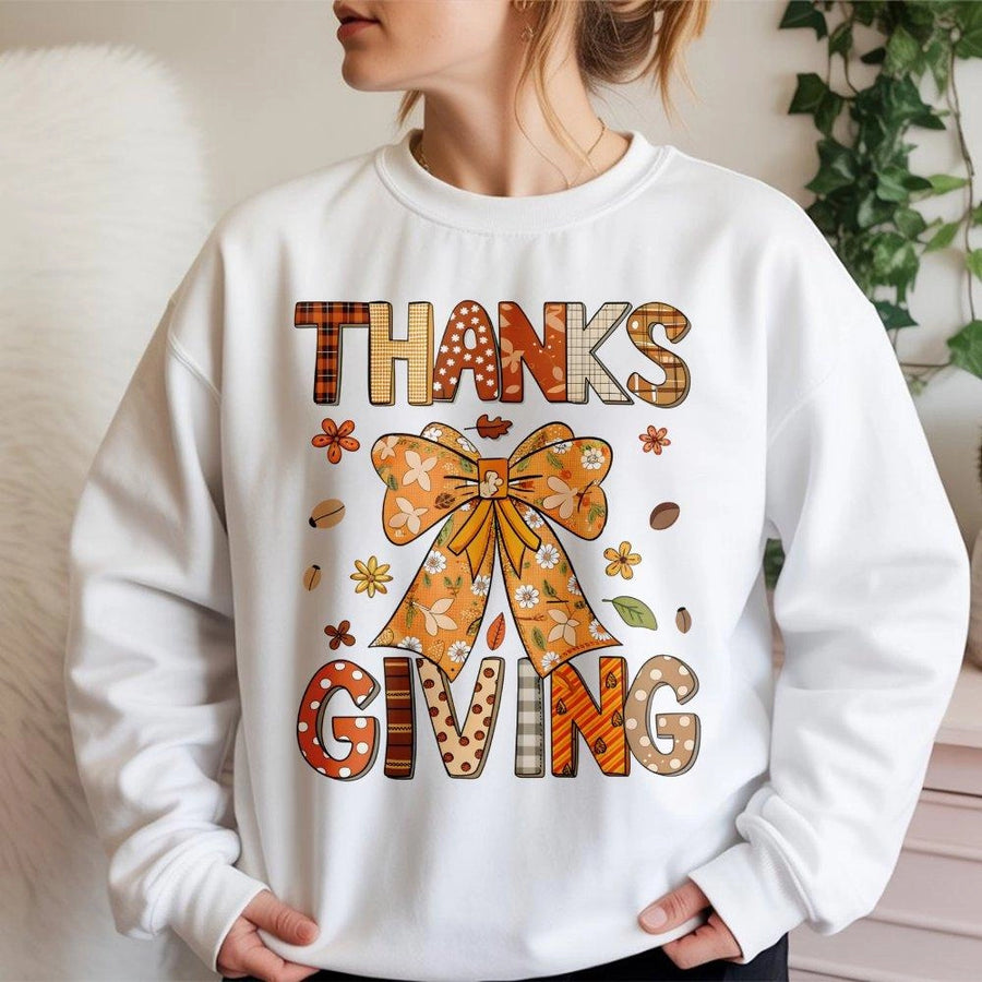 Thanksgiving Sweatshirt | Coquette Bow Autumn Fall Graphic | Premium Cotton Blend | Gift For Her Women