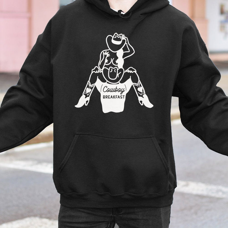 Cowboy Breakfast Hoodie | Western Cowgirl Pinup Graphic | Premium Cotton Blend | Funny Rodeo Humor Gift for Her