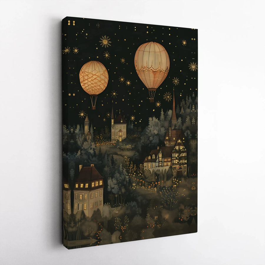 Magical Night Village Canvas Print | Hot Air Balloons And Stars Wall Art | Gallery Wrapped Premium Decor | Whimsical Fairy Tale Home Decor
