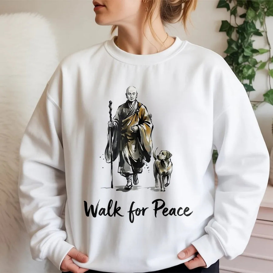 Walk For Peace Zen Monk Sweatshirt | Minimalist Buddhist Art Graphic | Premium Cotton Blend | Spiritual Gift for Mindfulness and Yoga Enthusiasts