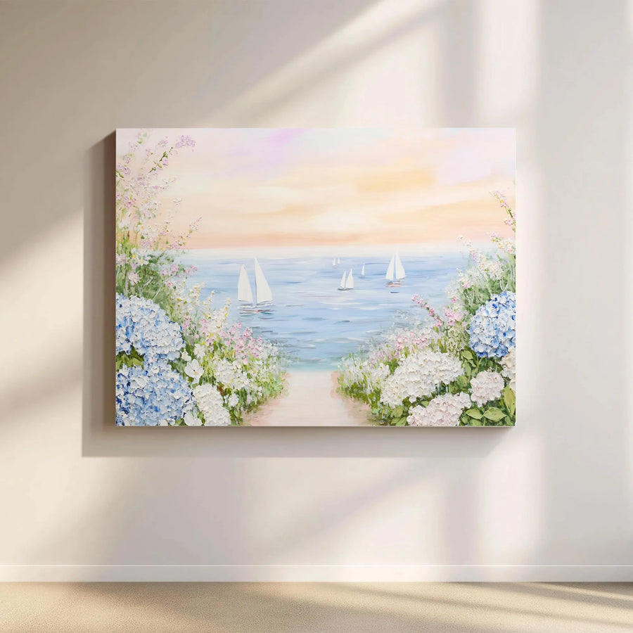 Coastal Seascape Canvas Art | Sailboats and Hydrangea Garden Path | Premium Gallery Wrap Wall Decor | Calming Ocean View for Beach House