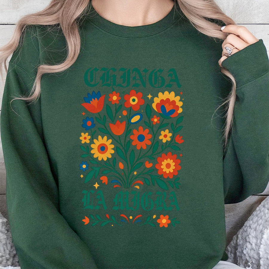 Chinga La Migra Sweatshirt | Folk Art Floral Protest Graphic | Premium Cotton Blend Crewneck | Unisex Social Justice Gift for Activists
