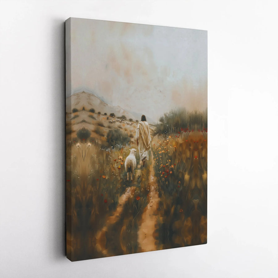 Jesus Walking With Lamb Canvas Art | Religious Wildflower Field Wall Decor | 1.25 Inch Premium Gallery Wrap | Christian Home Gift for Faith