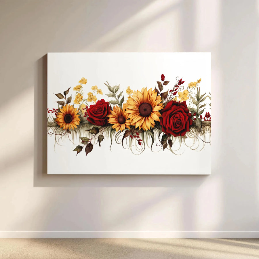 Sunflower and Red Rose Canvas Print | Botanical Floral Wall Art | Premium 1.25-Inch Gallery Wrap | Elegant Home Decor Gift