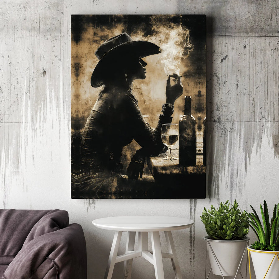 Western Cowgirl Canvas Print | Rustic Smoking Woman Silhouette | Premium Framed Wall Art | Western Aesthetic Home Decor Gift