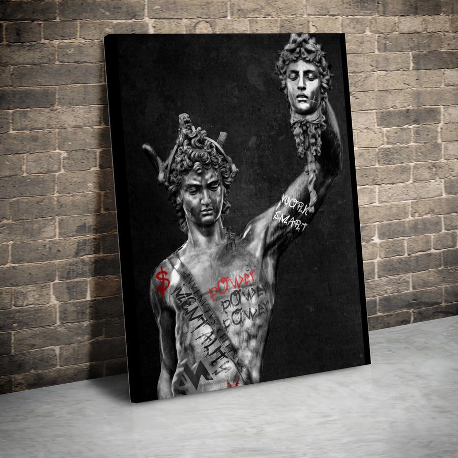 Perseus With Medusa Head Canvas | Modern Graffiti Street Art Decor | 1.25 Inch Gallery Wrap | Motivational Office Wall Art For Men