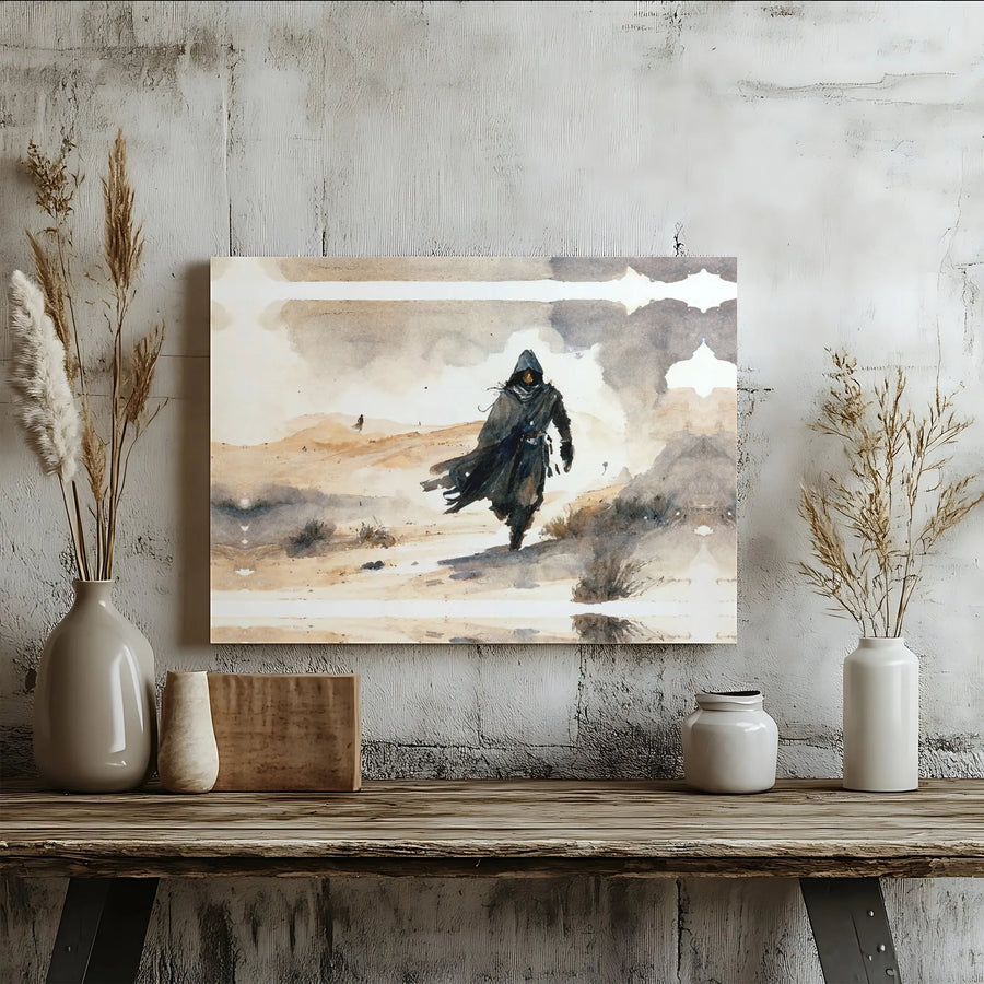 Desert Wanderer Wall Art | Watercolor Hooded Figure Print | Premium Gallery Wrap Canvas | Mystery Fantasy Home Decor Gift
