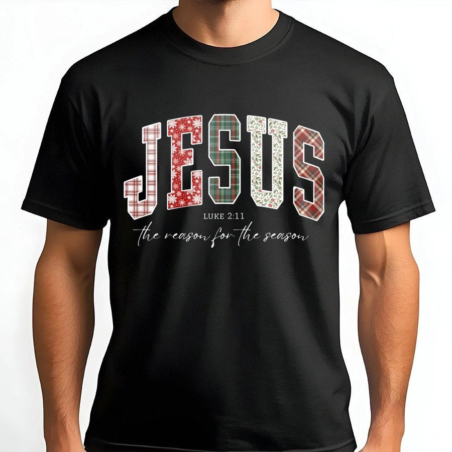 Jesus The Reason For The Season T-Shirt | Plaid Buffalo Christmas Graphic | 100% Soft Cotton | Religious Holiday Faith Gift For Men And Women