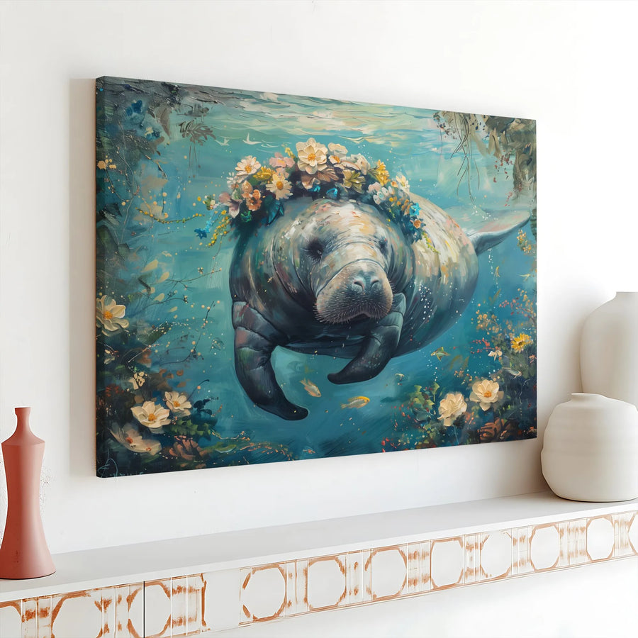 Floral Manatee Canvas Wall Art | Whimsical Underwater Sea Cow Painting | Premium Gallery Wrapped Canvas | Coastal Home Decor Gift