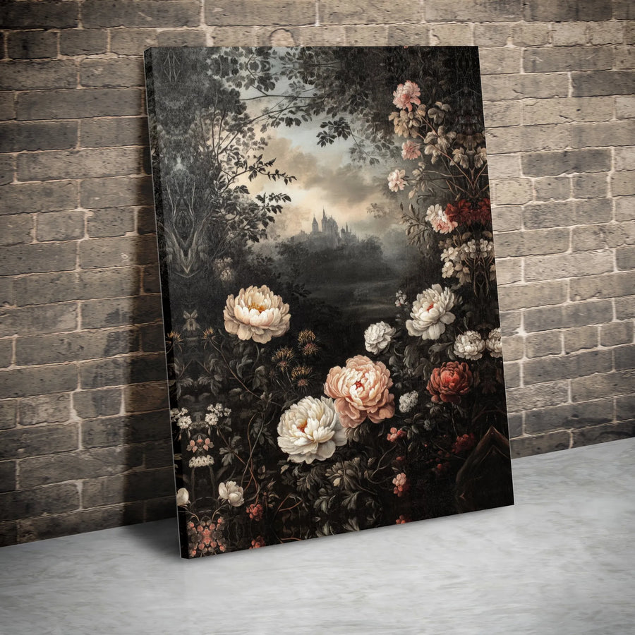Dark Moody Floral Wall Art | Gothic Castle Botanical Landscape Print | Gallery Quality 1.25" Canvas | Romantic Home Decor Gift