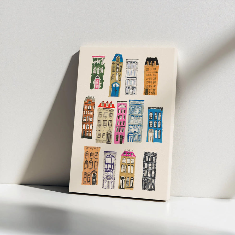 Colorful Cityscape Canvas Art | Whimsical Apartment Buildings Illustration | Premium Thick Gallery Wrap | Urban Home Decor Gift