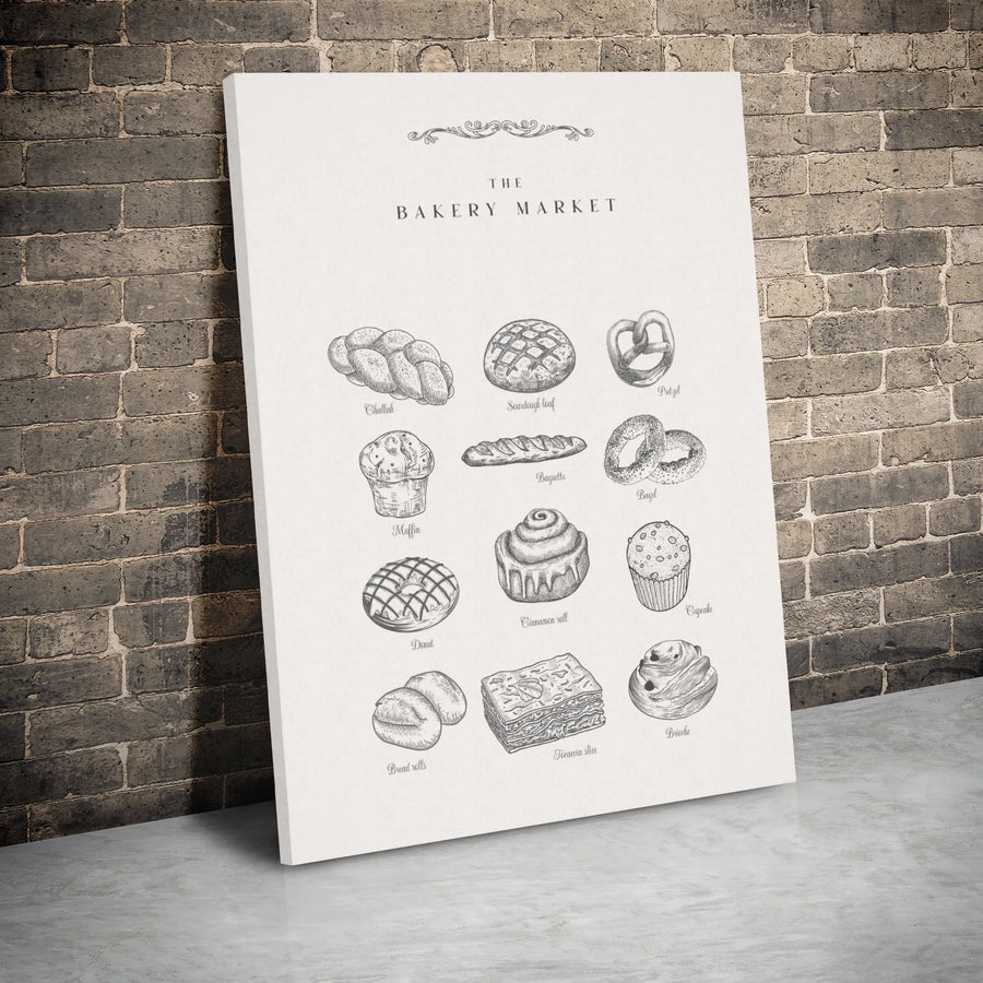 Bakery Market Wall Art | Vintage Bread Sketch Chart | Premium Gallery Wrapped Canvas | Kitchen Decor Gift for Bakers