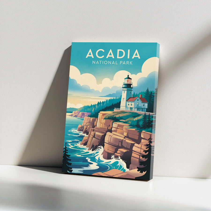 Acadia National Park Vertical Canvas | Retro Lighthouse Travel Poster Print | Premium Thick Gallery Wrapped Wall Art | Collector's Gift for Nature Lover