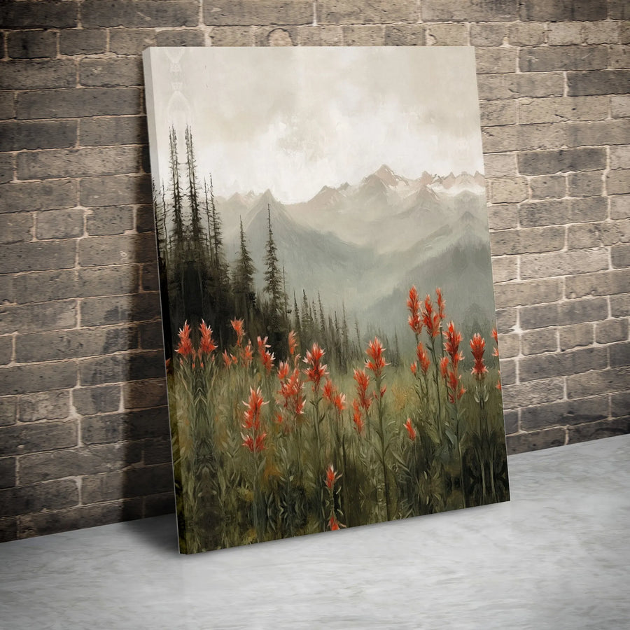 Misty Mountain Canvas Wall Art | Red Wildflower Landscape Painting | Premium Textured Print | Rustic Cabin Decor Gift for Nature Lovers