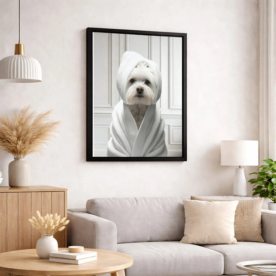 Maltese Dog in Bathrobe Canvas Print | Funny Spa Day Portrait | 1.25" Gallery Wrap | Premium Wall Art for Bathroom or Pet Lovers
