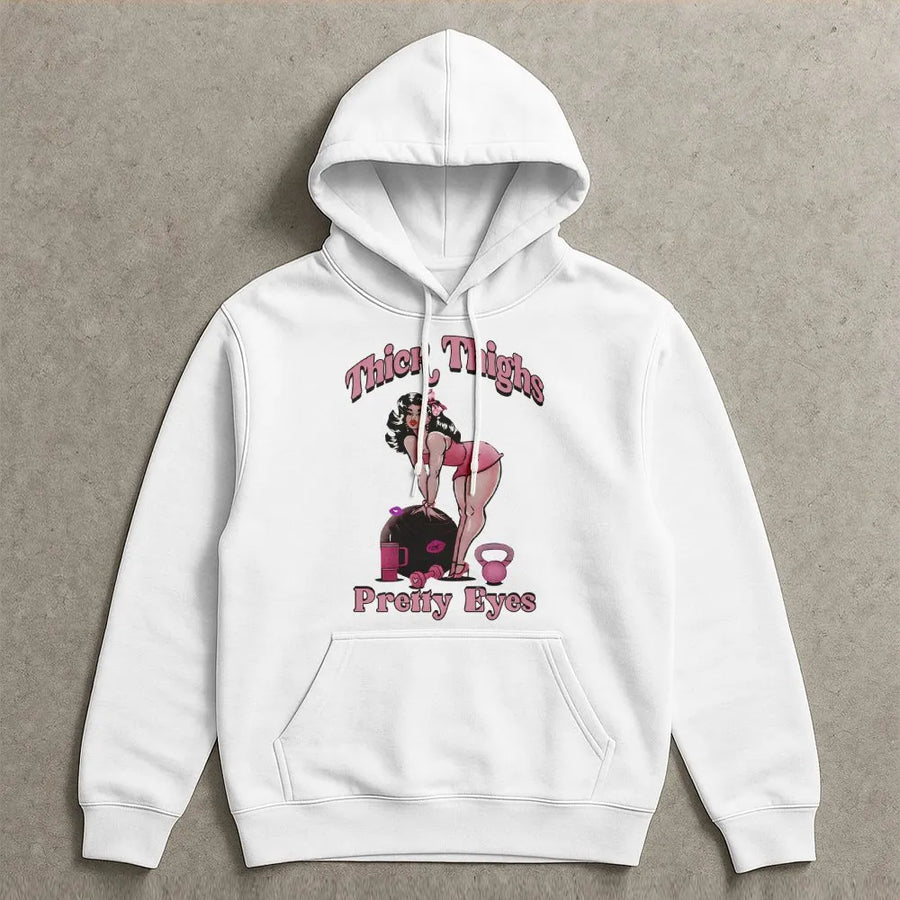 Thick Thighs Pretty Eyes Hoodie | Retro Pinup Gym Girl Graphic | Premium Cotton Blend Fleece | Workout Gift For Her Fitness Enthusiast