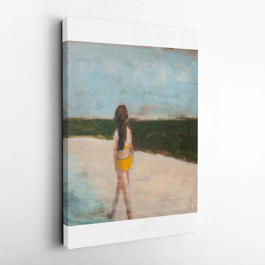 Beach Figure Painting Canvas Wall Art | Impressionist Style Woman in Yellow Bikini | Premium Gallery Wrap Canvas | Modern Coastal Home Decor Gift