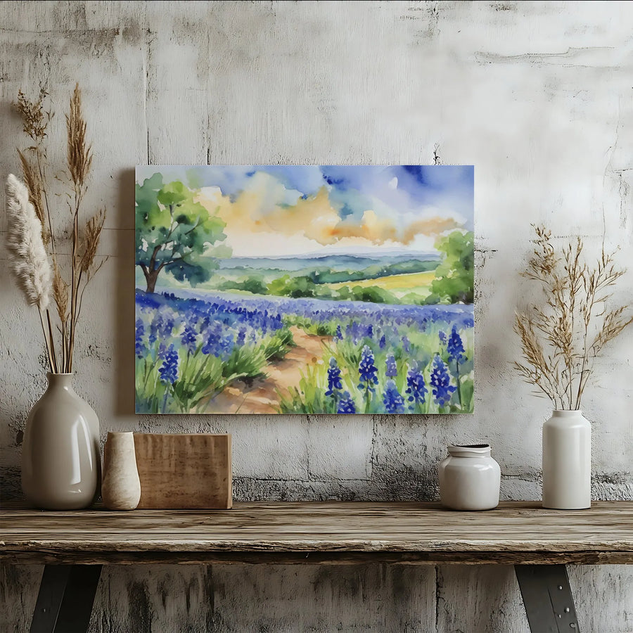 Texas Bluebonnet Field Canvas Wall Art | Watercolor Landscape Painting | Premium Gallery Wrapped Print | Rustic Farmhouse Decor Gift