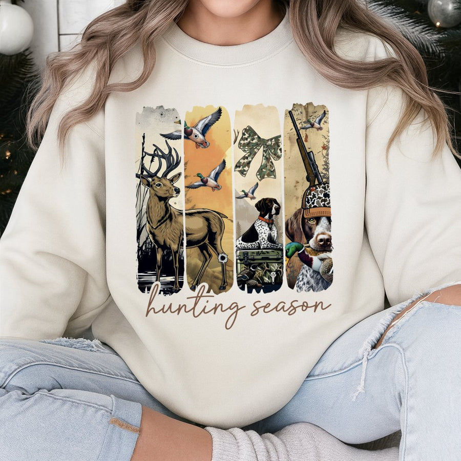Hunting Season Sweatshirt | Deer Duck Hunter Graphic with Camo Coquette Bow | Premium Cotton Blend | Gift for Outdoorsmen and Women