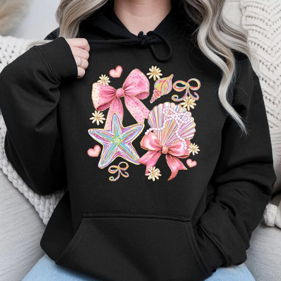 Coquette Seashell Hoodie | Aesthetic Coastal Beach Graphic | Premium Cotton Blend Sweatshirt | Cute Bow Summer Gift For Women & Girls