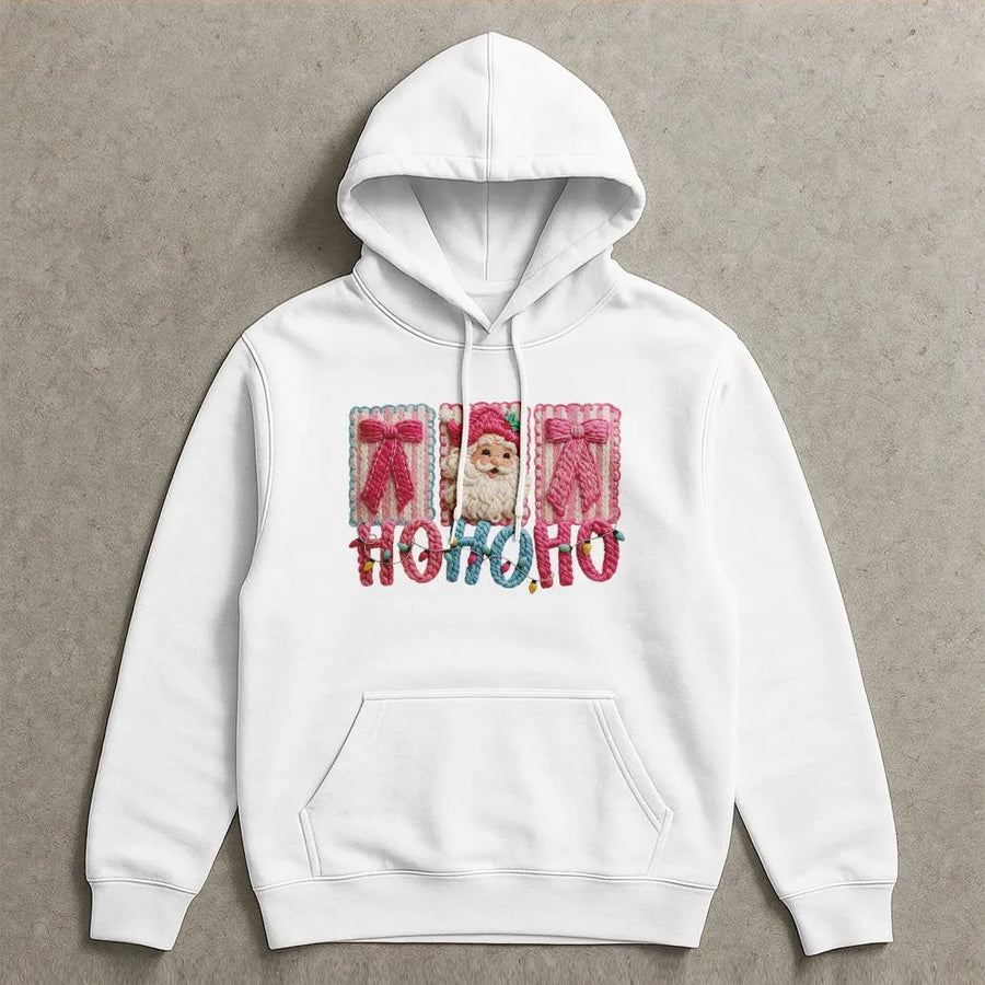 Santa Claus Ho Ho Ho Hoodie | Faux Yarn Christmas Graphic | Soft Premium Cotton Blend | Unisex Holiday Gift for Women and Men
