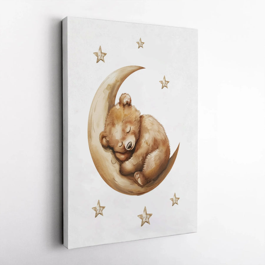 Sleeping Bear On Moon Canvas Wall Art | Watercolor Nursery Decor | Premium Gallery Wrap Print | Baby Shower Gift for Boy or Girl
