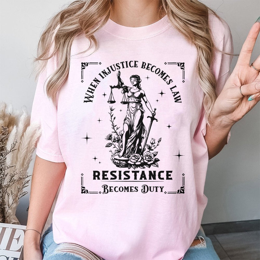 Injustice Becomes Law T-Shirt | Lady Justice Illustration Design | Premium 100% Cotton Tee | Empowering Protest Gift For Activists