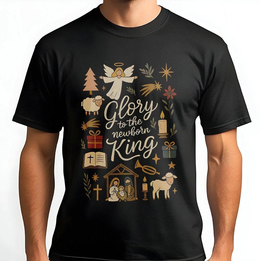 Glory To The Newborn King T-Shirt | Christian Nativity Doodle Design | Premium Soft Cotton | Religious Christmas Gift For Women And Men