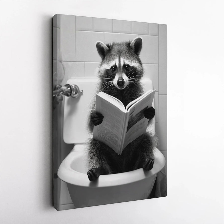 Raccoon Reading Book on Toilet Canvas | Funny Bathroom Wall Art | Premium Gallery Wrap Print | Whimsical Home Decor Gift