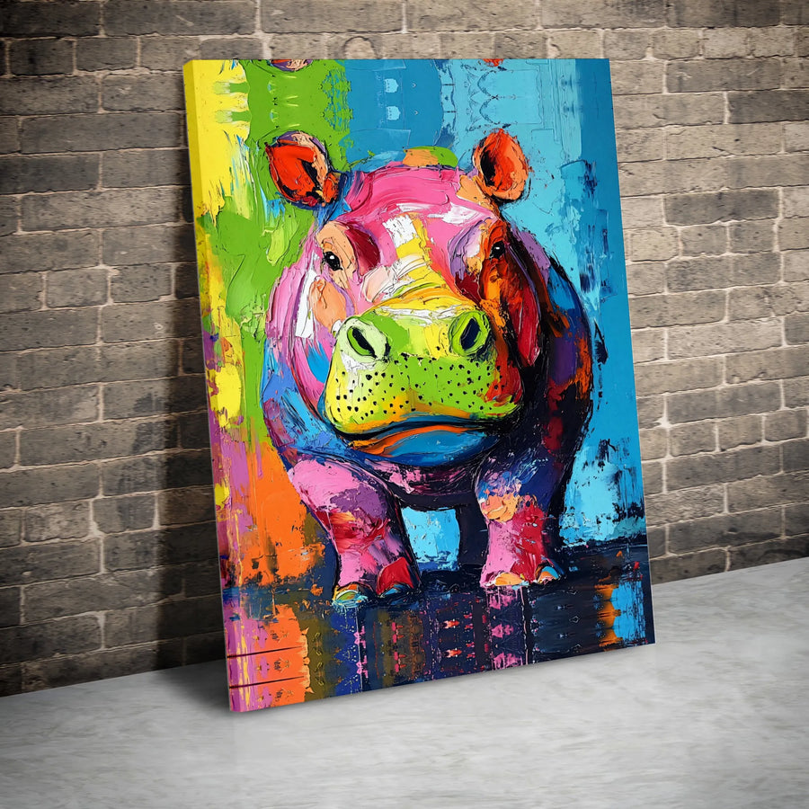 Colorful Abstract Hippo Canvas Print | Modern Palette Knife Wall Art | Gallery Wrapped Premium Canvas | Vibrant Animal Decor For Living Room