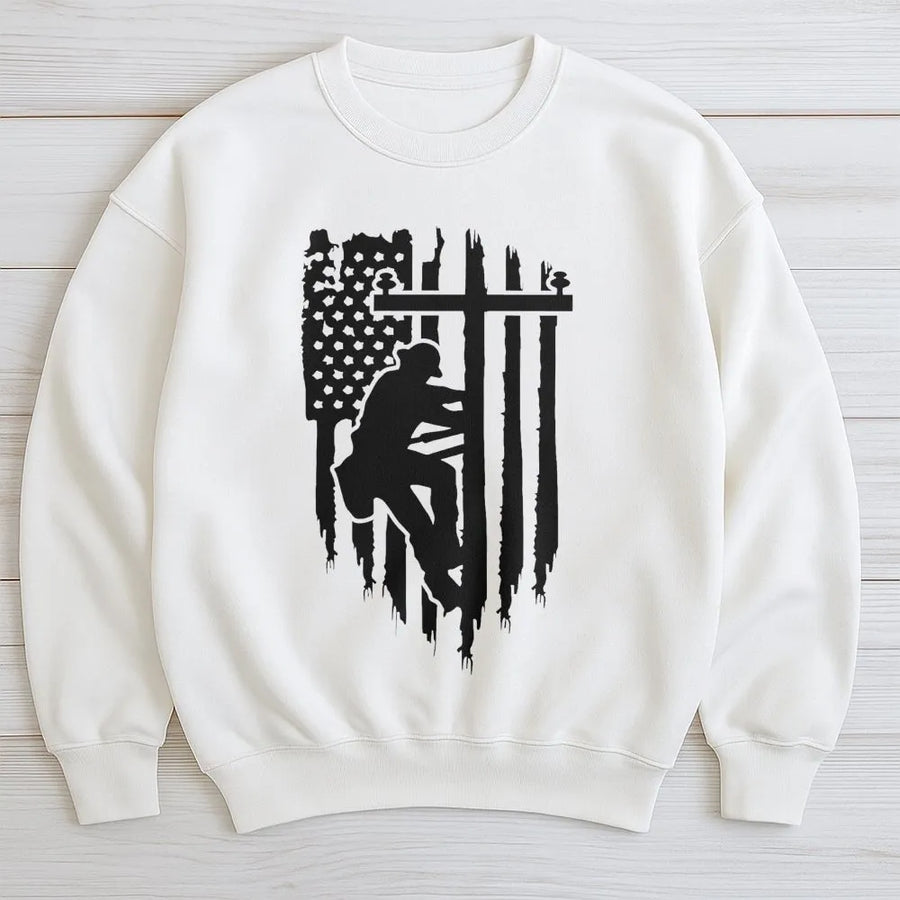 Lineman American Flag Sweatshirt | Distressed Utility Power Worker Design | Premium Cotton Blend | Patriotic Gift for Lineworkers & Electricians