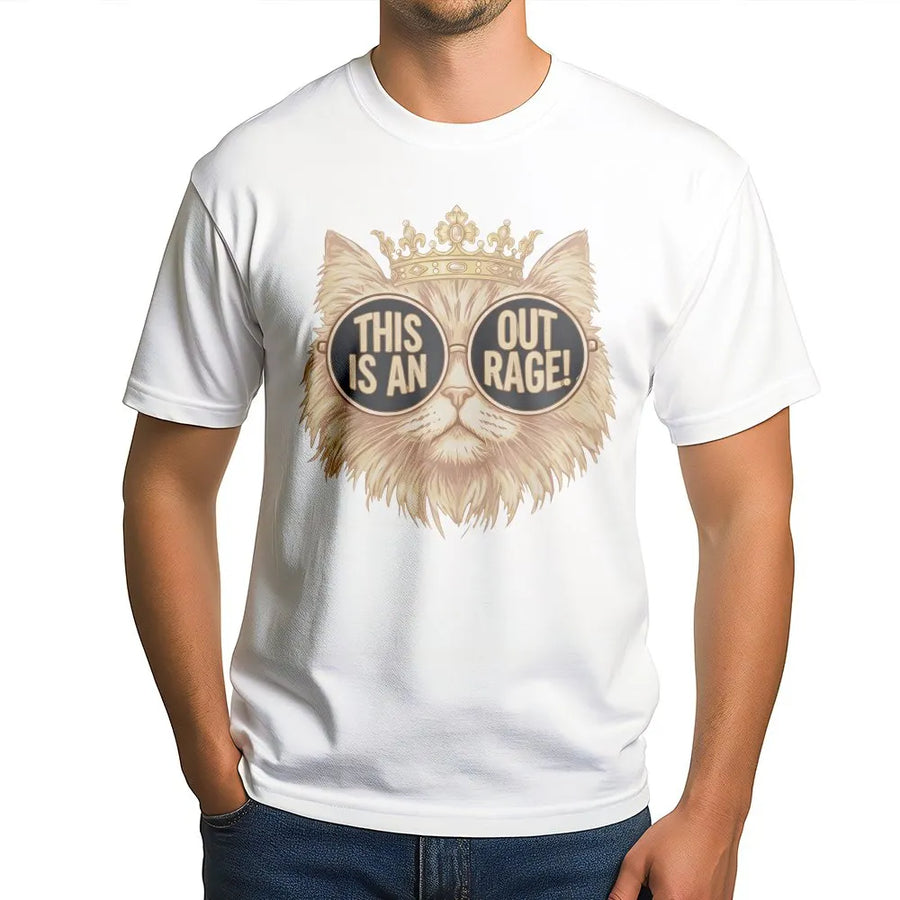 Cat Graphic T-Shirt | This Is An Outrage Funny Quote | 100% Cotton Premium Tee | Unique Gift for Book Readers and Fantasy Fans