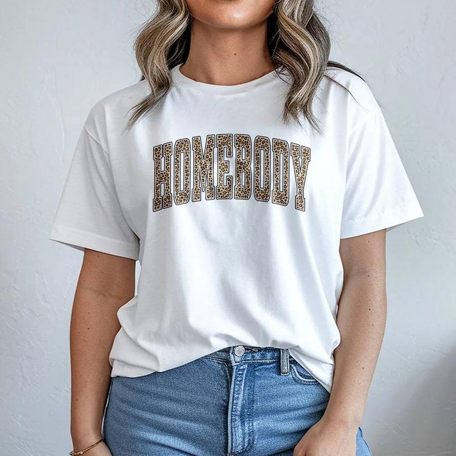 Homebody T-Shirt | Trendy Leopard Print Graphic | Premium Cozy Fleece | Gift for Introvert Women