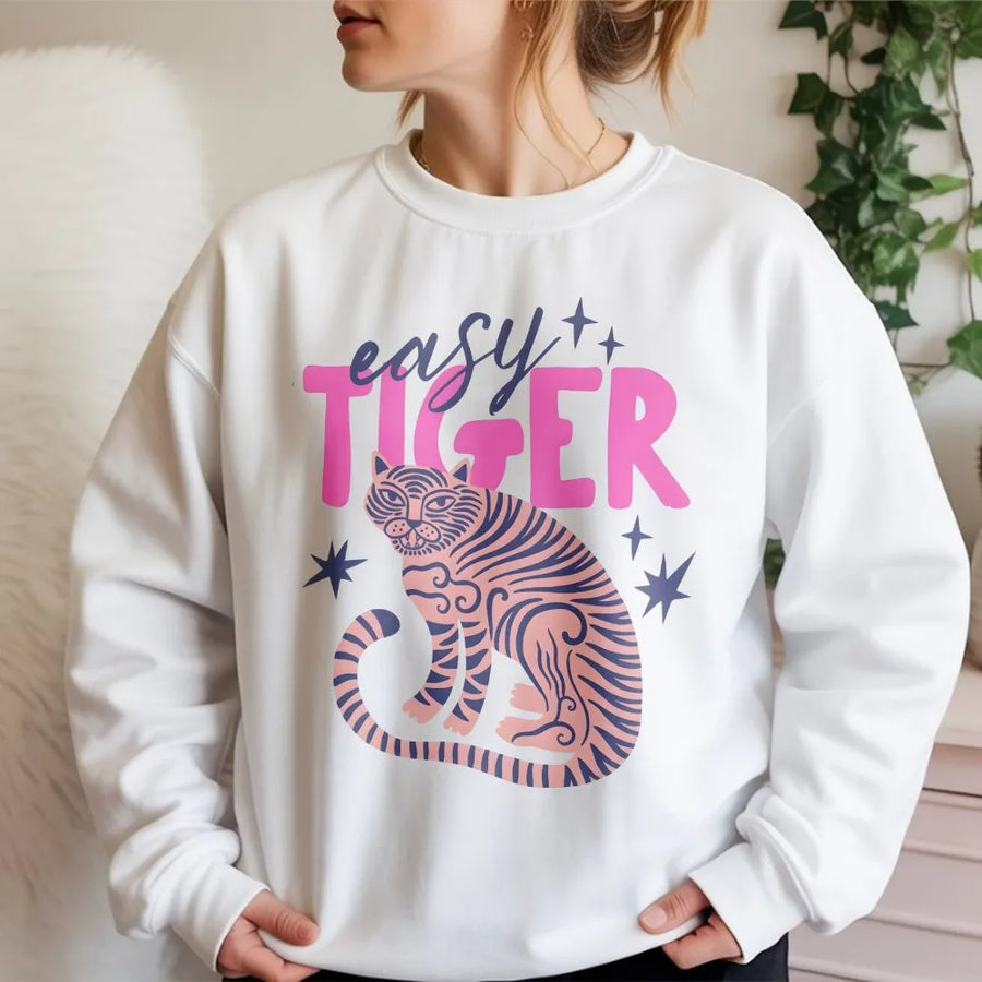 Easy Tiger Sweatshirt | Retro Tiger Graphic | Premium Soft Cotton Blend | Trendy Boho Pullover Gift for Her