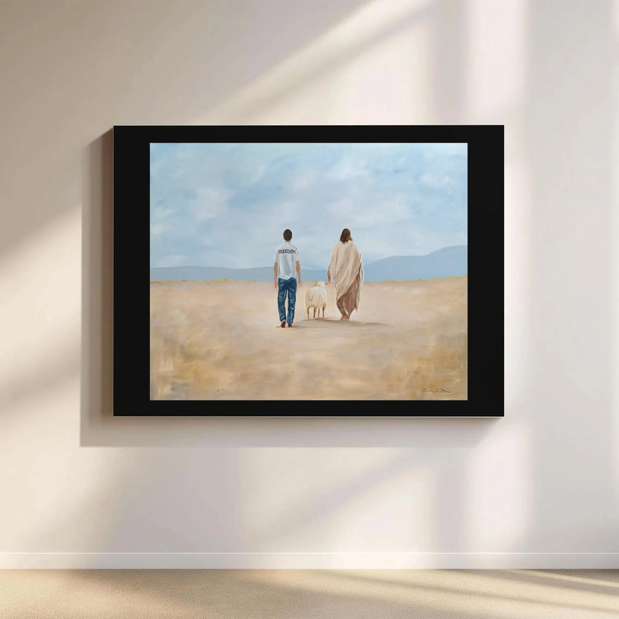Jesus Walking With Man and Lamb Canvas | Religious Freedom Art Print | 1.25-Inch Gallery Wrap | Christian Home Decor Gift for Believers