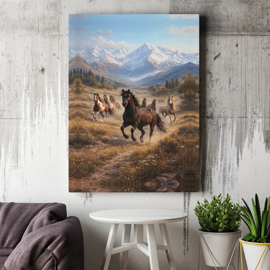 Wild Horses Canvas Wall Art | Mountain Valley Western Landscape | Premium Gallery Wrap | Rustic Home Decor Gift for Equestrian Lovers
