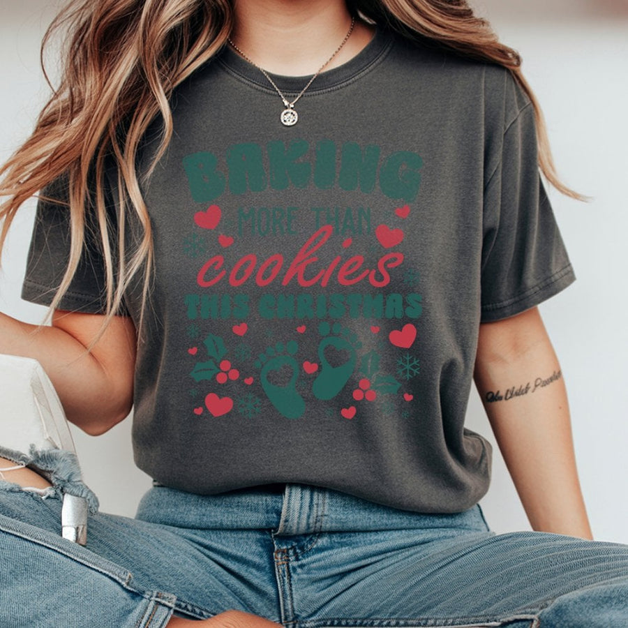 Baking More Than Cookies Christmas T-Shirt | Pregnancy Announcement Graphic Tee | 100% Cotton Premium Quality | Gift for New Mom Expecting Parents