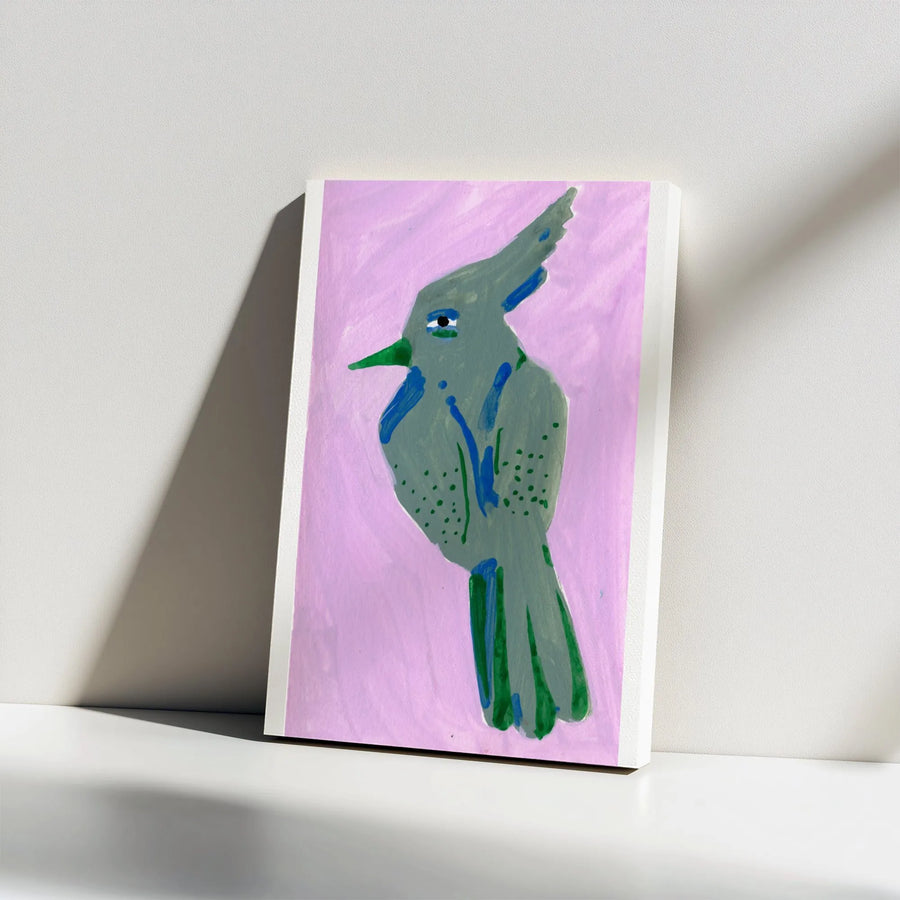 Modern Bird Art Vertical Canvas | Abstract Sage Green and Pink Painting Print | Premium 1.25" Thick Profile Wall Decor | Collector's Gift for Nursery