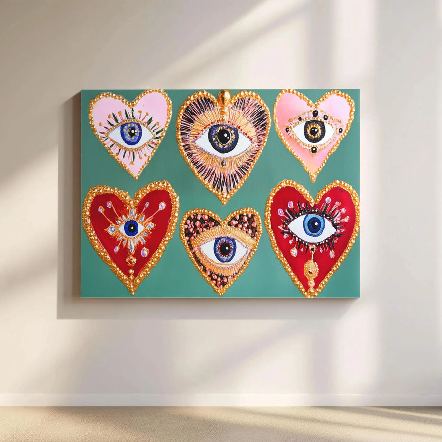 Evil Eye Heart Canvas Wall Art | Bohemian Mystic Hearts Print | Premium Gallery Wrapped Canvas | Spiritual Home Decor Gift for Living Room