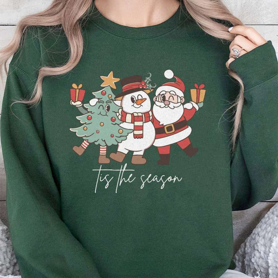 Tis The Season Christmas Sweatshirt | Retro Santa Snowman Tree Graphic | Premium Cotton Blend Crewneck | Unisex Holiday Gift For Family