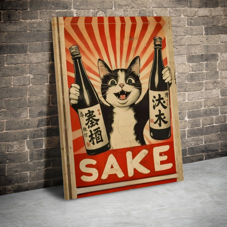 Japanese Sake Cat Wall Art | Vintage Retro Alcohol Poster | Premium Gallery Wrap Canvas | Unique Kitchen Decor Gift for Cat Lovers