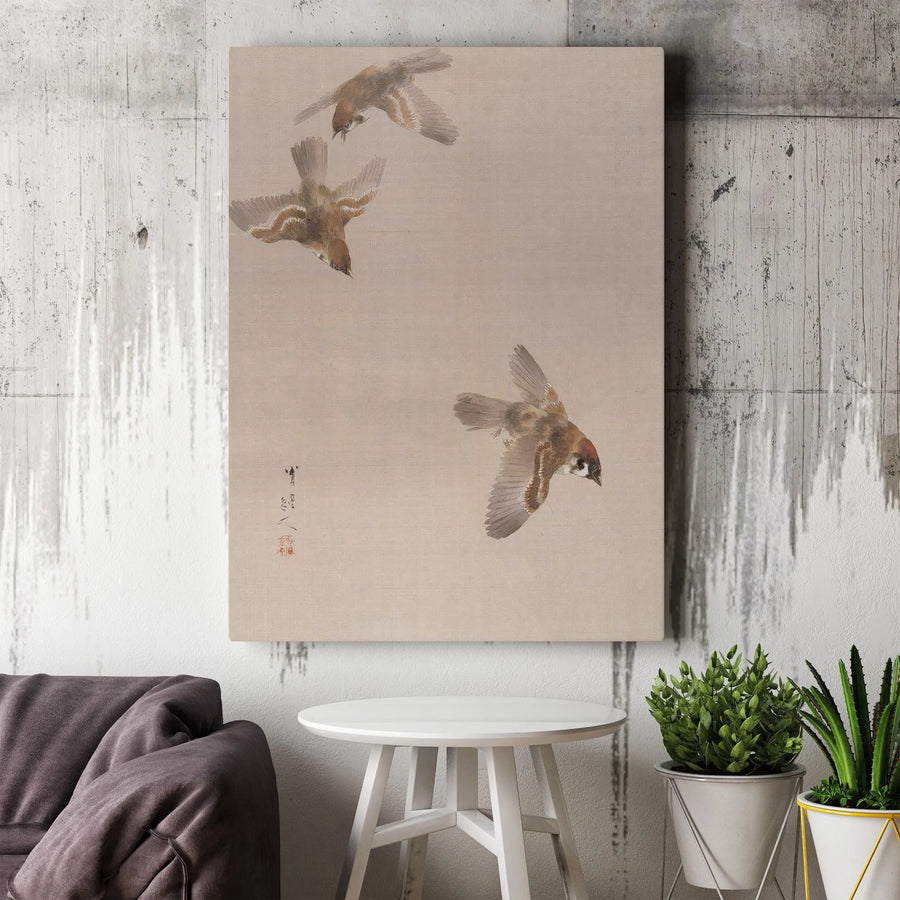 Japanese Sparrow Wall Art | Minimalist Bird Nature Print | Premium Gallery Canvas | Zen Home Office Decor Gift