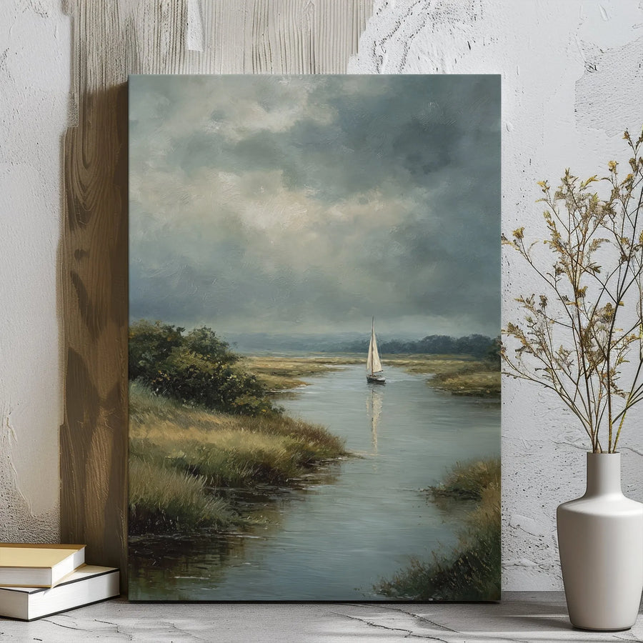 Sailboat Landscape Canvas Print | Moody Marsh River Painting | Premium Gallery Wrapped Wall Art | Coastal Decor Gift for Nautical Home Lovers